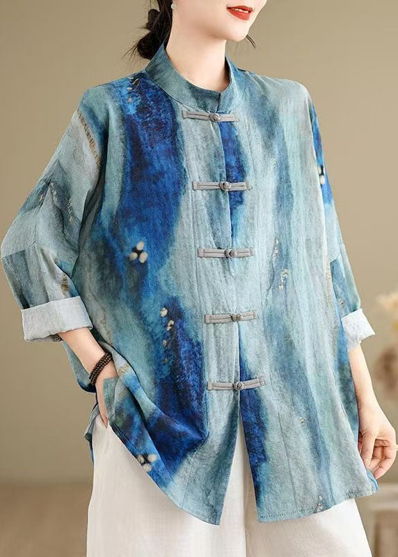 Chinese Style Blue Tie Dye Oriental Button Cotton Shirts Spring TJ013