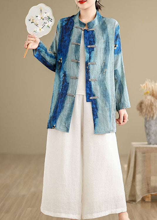 Chinese Style Blue Tie Dye Oriental Button Cotton Shirts Spring TJ013