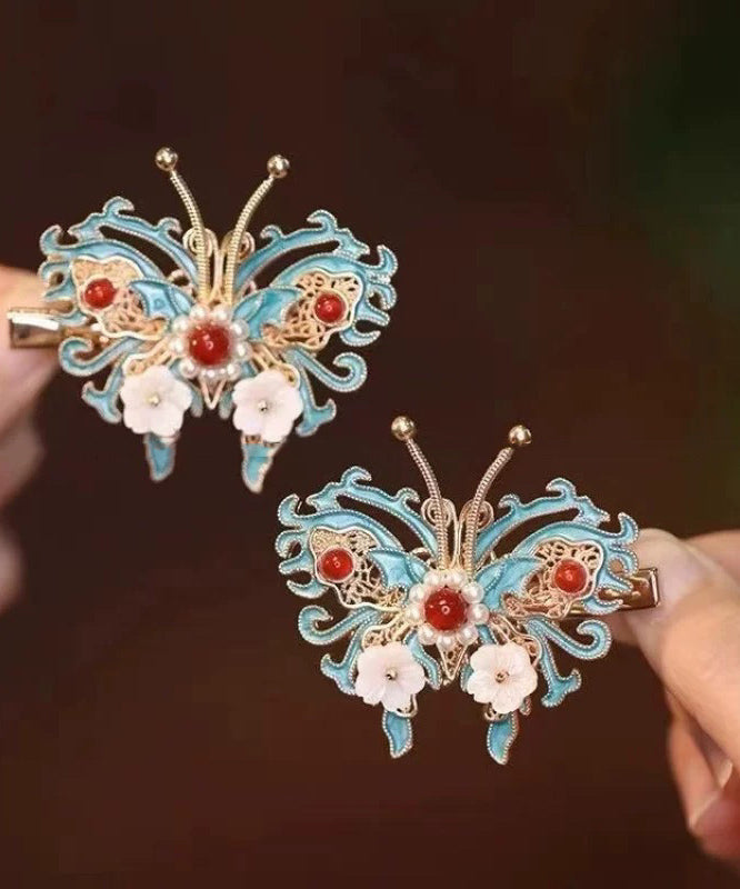 Chinese Style Colorblock Sterling Silver Overgild Bell Orchid Butterfly Pearl Hairpin TS010