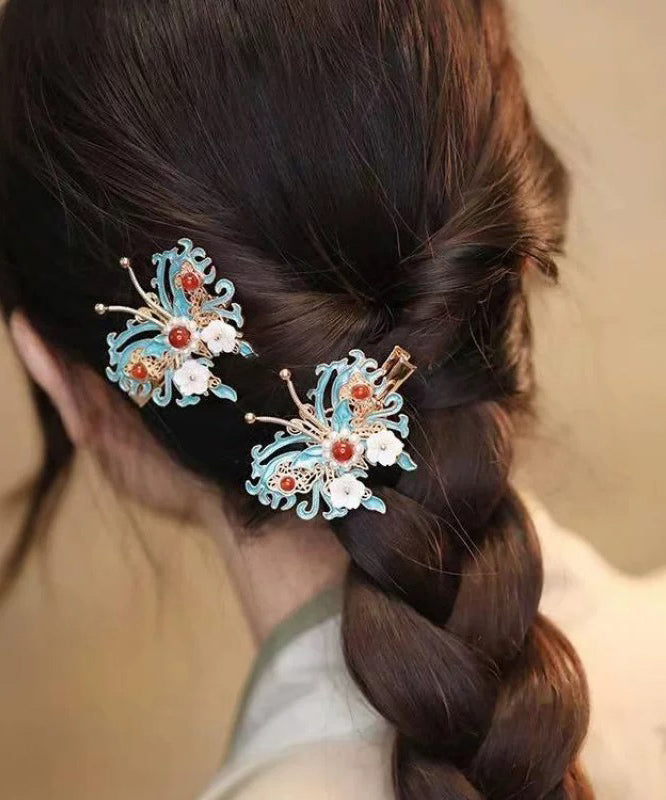 Chinese Style Colorblock Sterling Silver Overgild Bell Orchid Butterfly Pearl Hairpin TS010