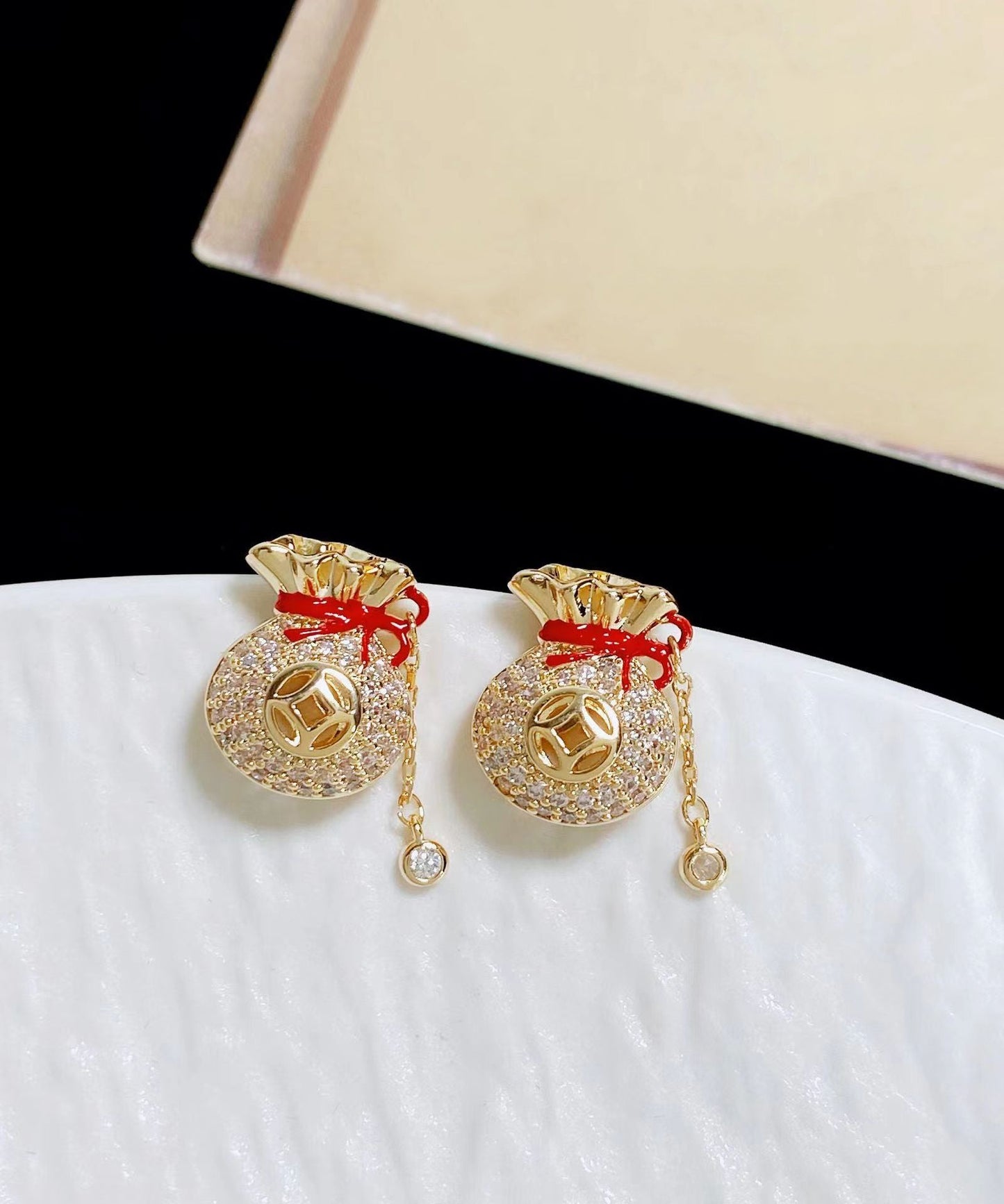 Chinese Style Copper 14K Gold Zircon Blessing Bag Tassel Stud Earrings EY010