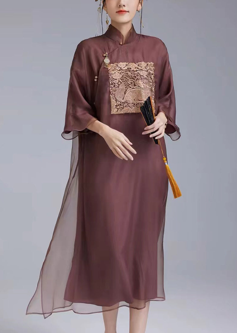 Chinese Style Dark Purple Embroidered Button Silk Dresses Spring QA1011 Ada Fashion