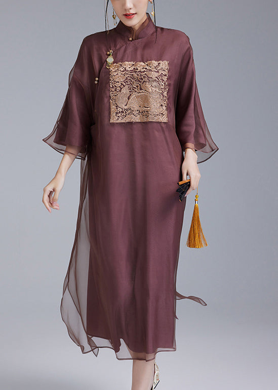 Chinese Style Dark Purple Embroidered Button Silk Dresses Spring QA1011 Ada Fashion