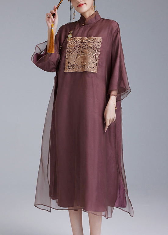 Chinese Style Dark Purple Embroidered Button Silk Dresses Spring QA1011 Ada Fashion