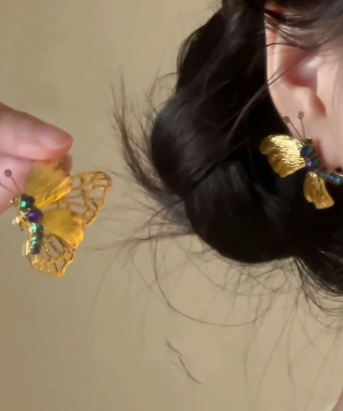 Chinese Alloy Gold Stud Earrings Beading Style Butterfly