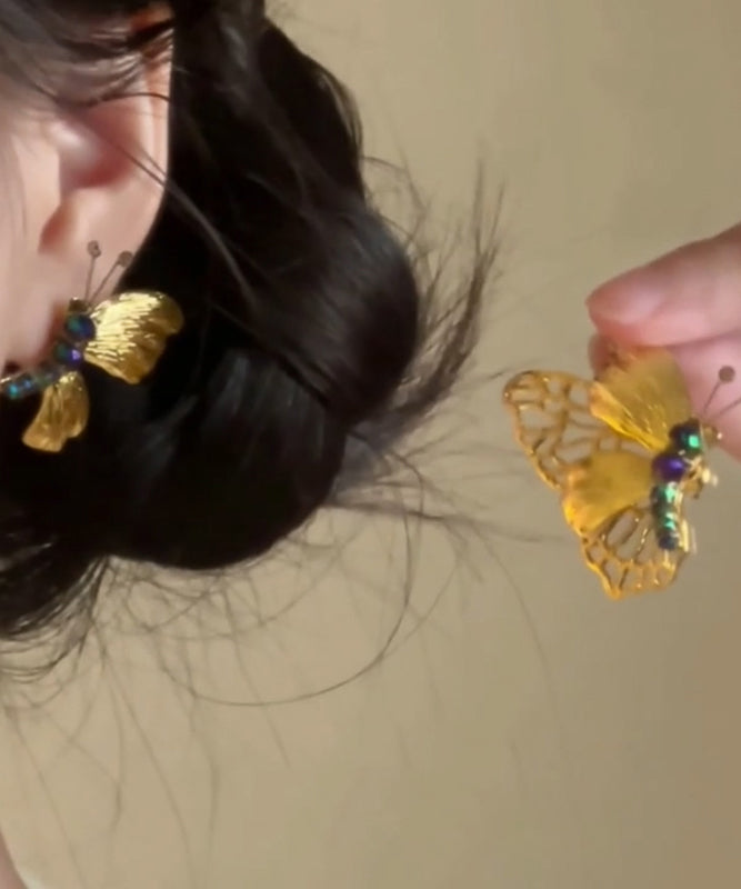 Chinese Alloy Gold Stud Earrings Beading Style Butterfly