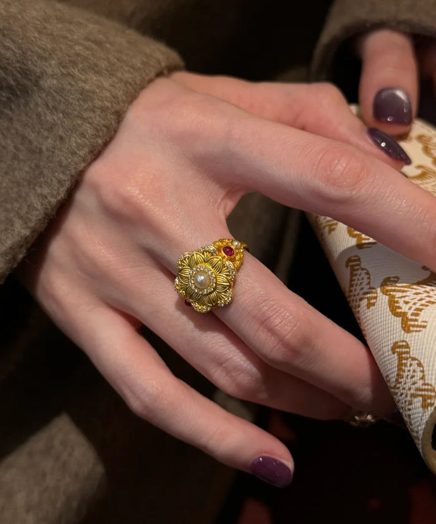 Gold Style Rings Sterling Stone Pearl Silver Overgild Chinese Gem