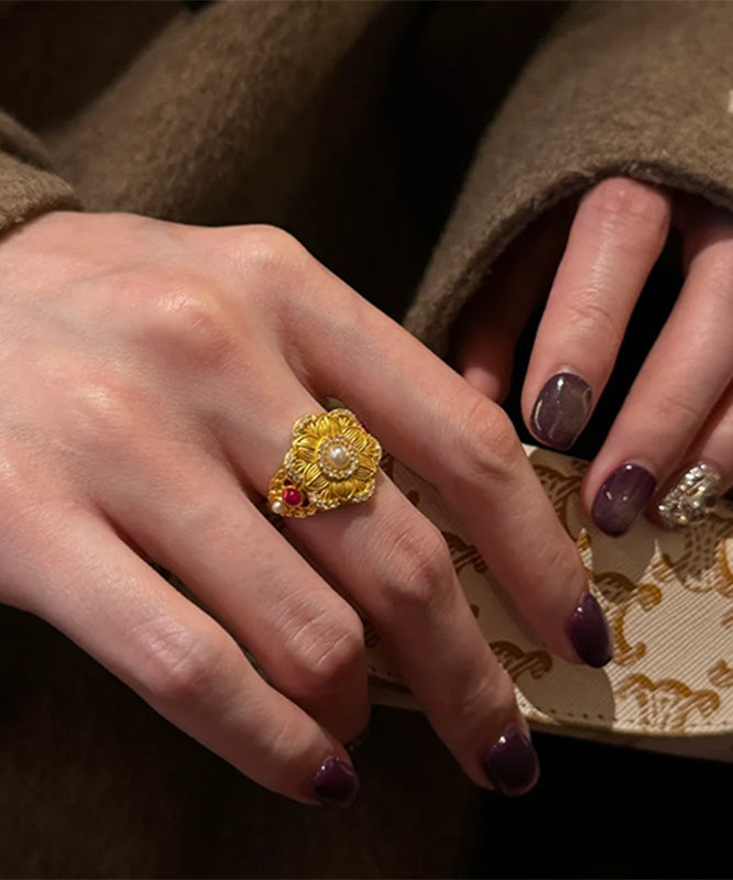 Gold Style Rings Sterling Stone Pearl Silver Overgild Chinese Gem
