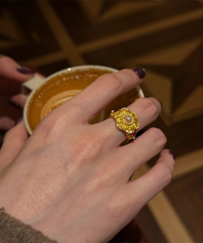 Gold Style Rings Sterling Stone Pearl Silver Overgild Chinese Gem