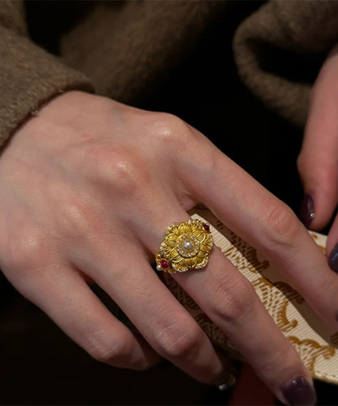 Gold Style Rings Sterling Stone Pearl Silver Overgild Chinese Gem