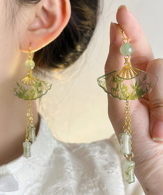 Chinese Style Green Acrylic Alloy Jade Bamboo Fan Tassel Drop Earrings WH039