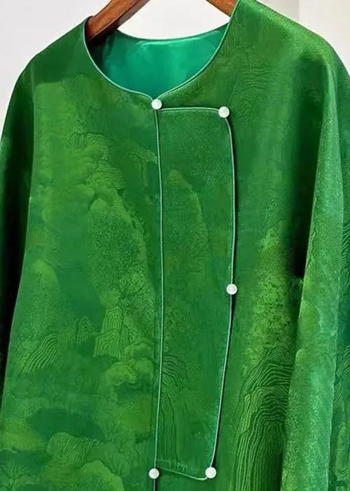 Chinese Style Green O Neck Button Silk Coats Long Sleeve Ada Fashion