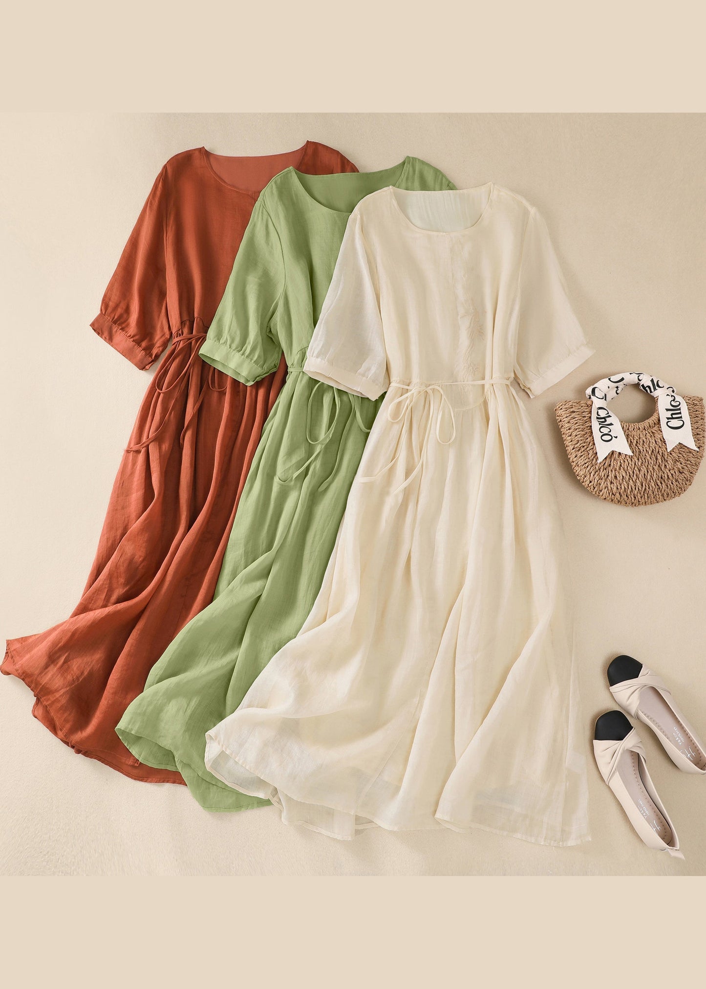 Chinese Style Green O-Neck Embroidered Tie Waist Cotton Dresses Summer AM1047