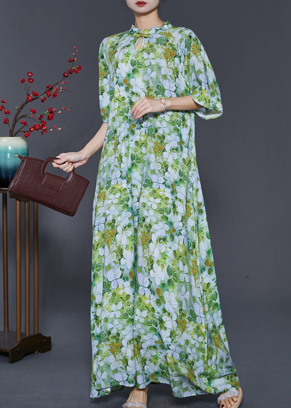 Robe cheongsam en coton imprimé vert de style chinois pour l'été SD1083