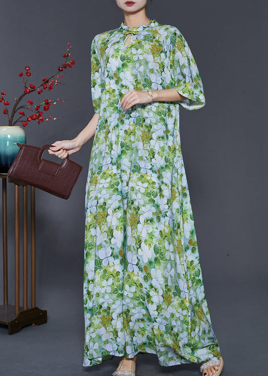 Chinese Style Green Print Cotton Cheongsam Dresses Summer SD1083