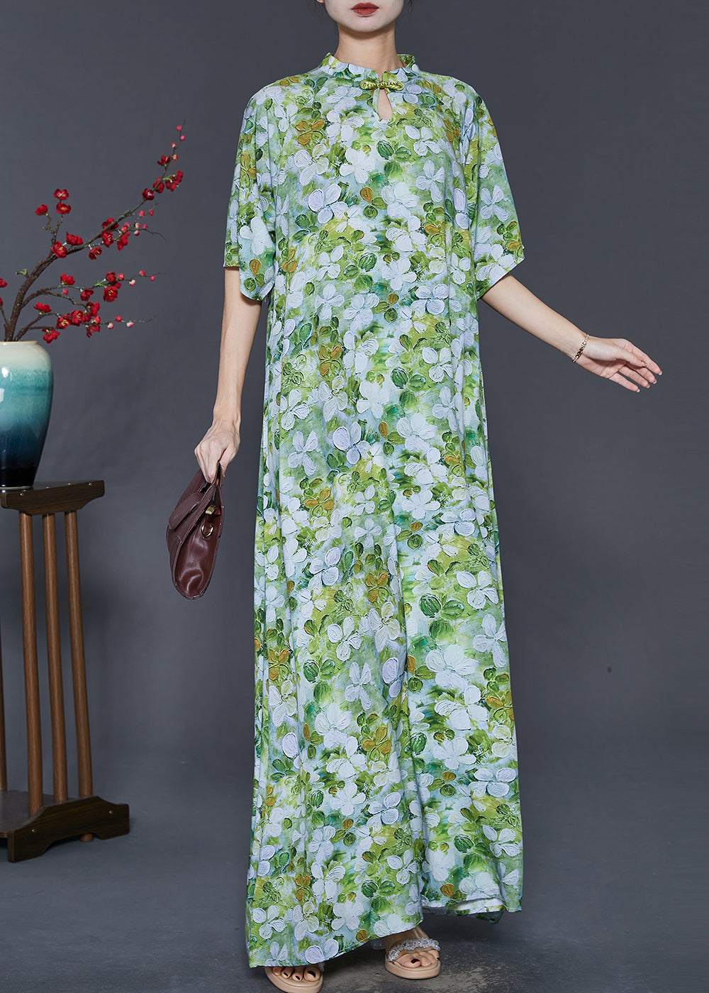 Robe cheongsam en coton imprimé vert de style chinois pour l'été SD1083