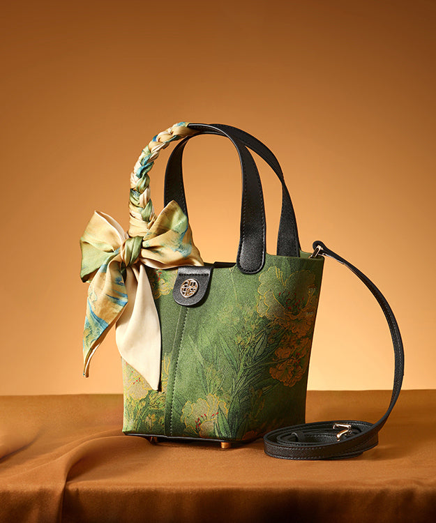 Silk Style Chinese Versatile Handbag Green Tote Print