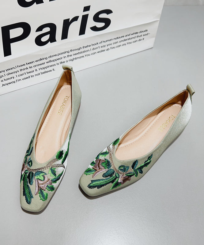 Green Satin Chinese Flat Feet Shoes Style Embroidered