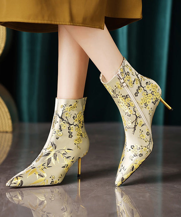 Chinese Style Handmade Embroidered Pointed Toe Slim Heel Short Boots CZ1023