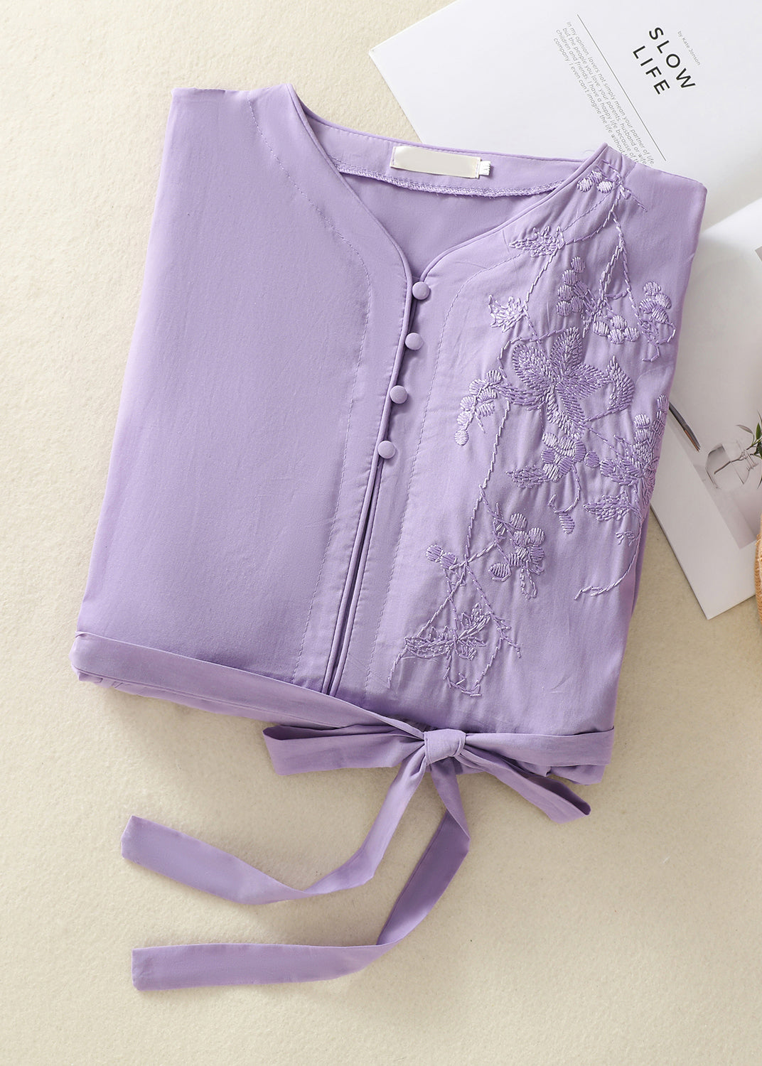 Chinese Style Light Purple Embroidered Tie Waist Cotton Dress Summer AM1051