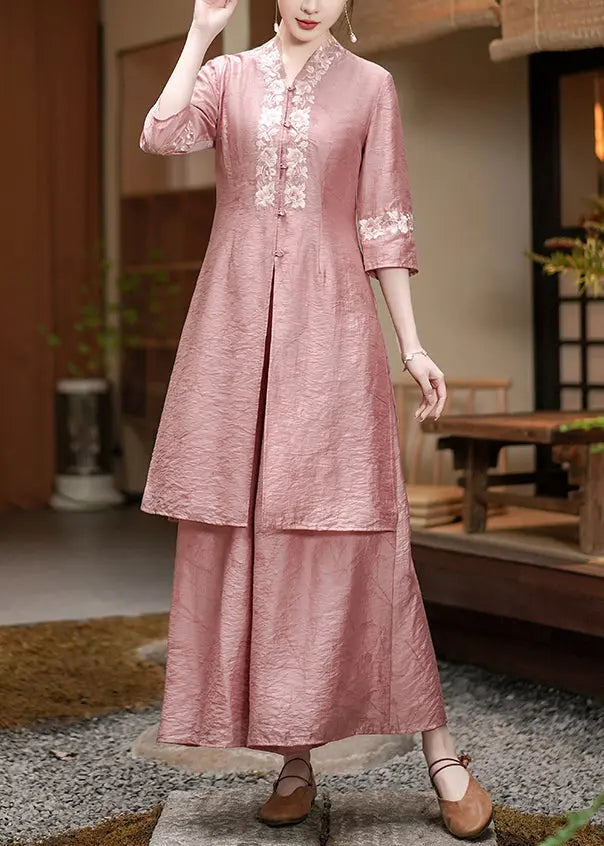 Chinese Style Pink Button Side Open Patchwork Silk Two Pieces Set Summer Ada Fashion