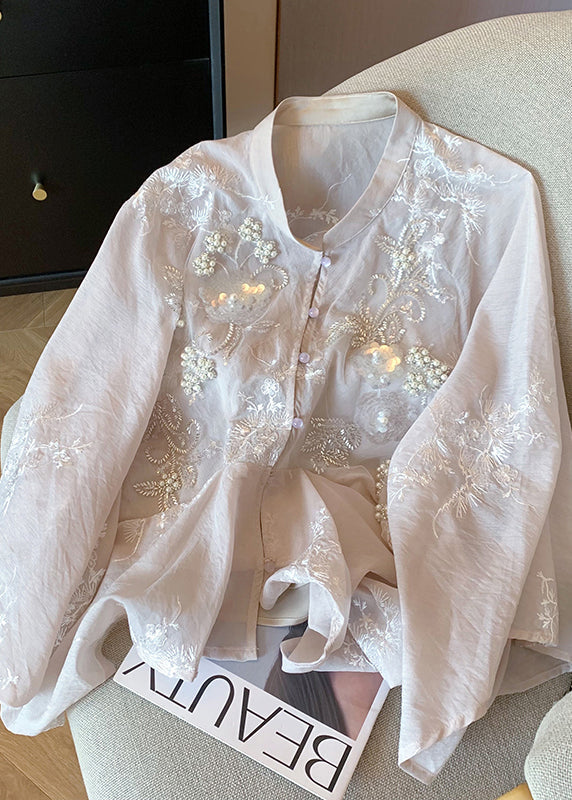 Chinese Style Pink Embroidered Sequins Nail Bead Cotton Shirt Spring YF017