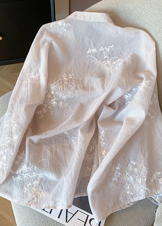 Chinese Style Pink Embroidered Sequins Nail Bead Cotton Shirt Spring YF017