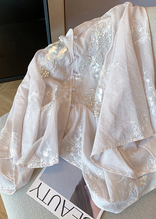 Chinese Style Pink Embroidered Sequins Nail Bead Cotton Shirt Spring YF017