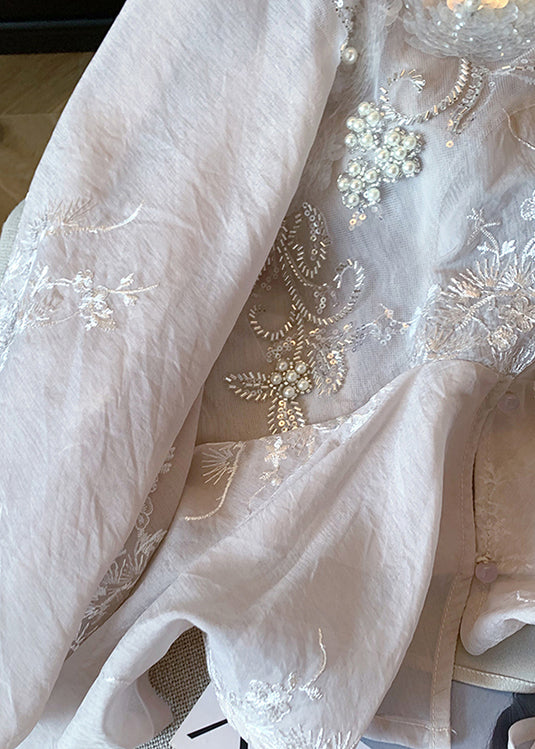 Chinese Style Pink Embroidered Sequins Nail Bead Cotton Shirt Spring YF017