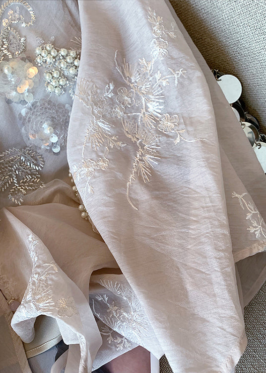 Chinese Style Pink Embroidered Sequins Nail Bead Cotton Shirt Spring YF017