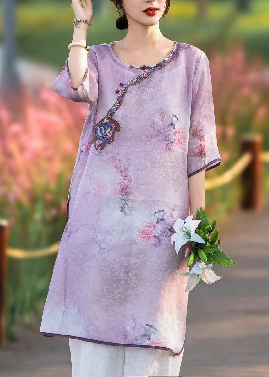 Summer Side Style Linen Pink Dress Embroidered Chinese Open