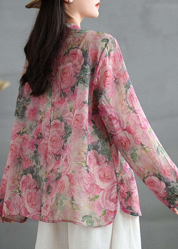 Chinese Style Pink Print Oriental Button Linen Shirts Coat Fall QO080