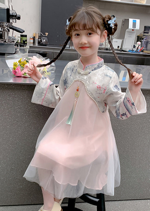 Chinese Collar Stand Pink Style Kids Bead Maxi Tulle Nail Dress