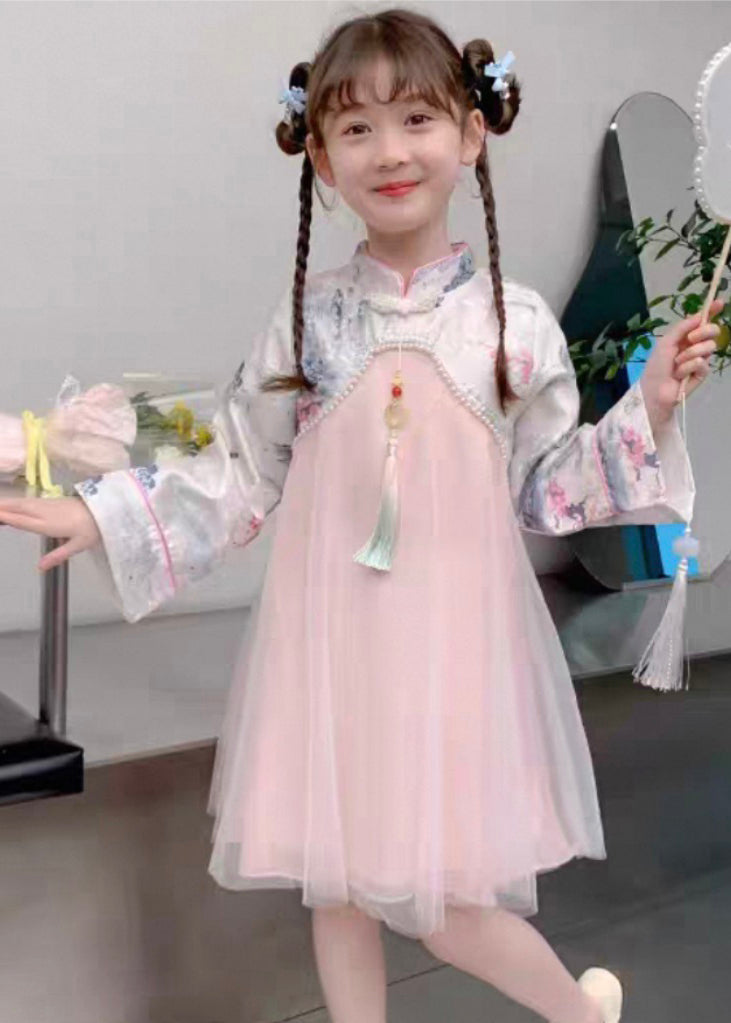 Chinese Collar Stand Pink Style Kids Bead Maxi Tulle Nail Dress