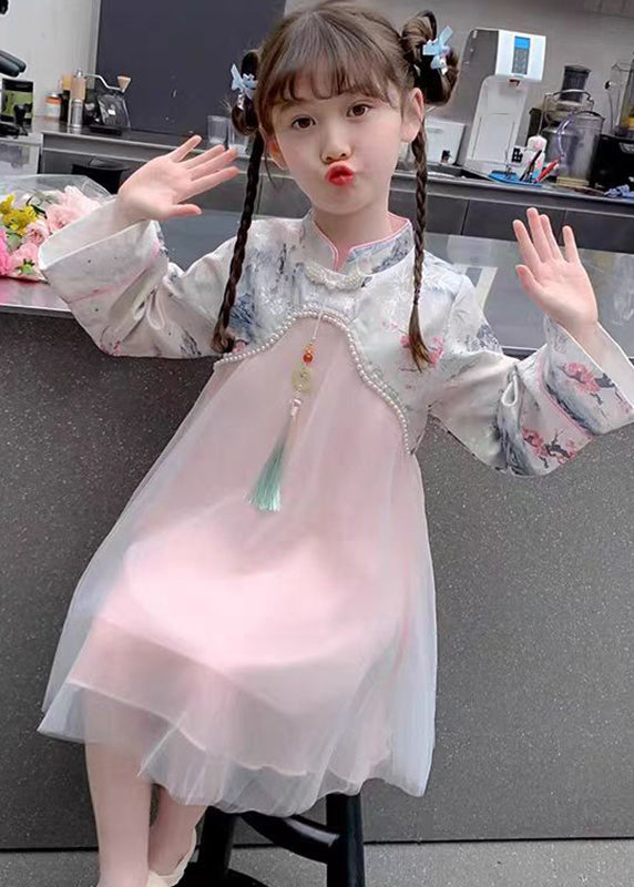 Chinese Collar Stand Pink Style Kids Bead Maxi Tulle Nail Dress