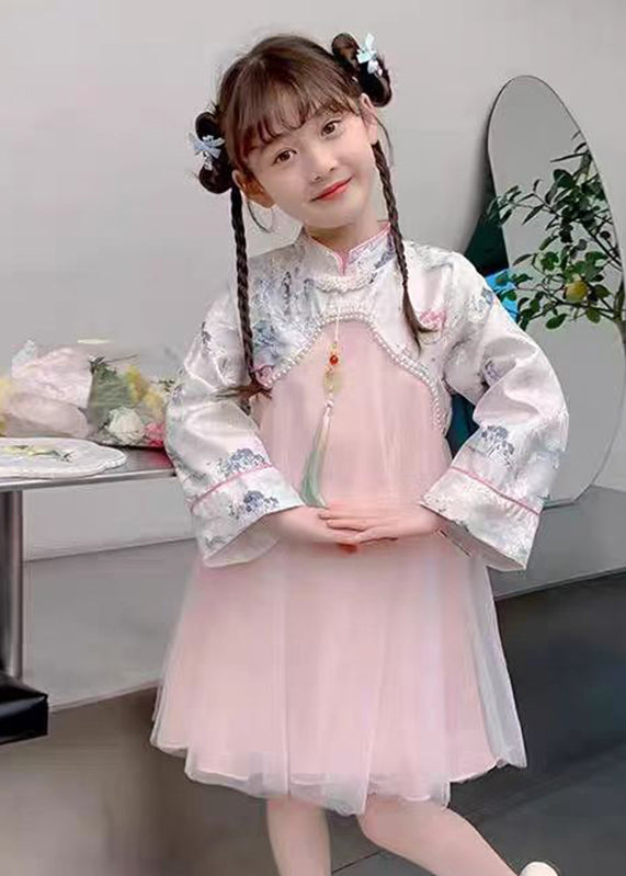 Chinese Collar Stand Pink Style Kids Bead Maxi Tulle Nail Dress