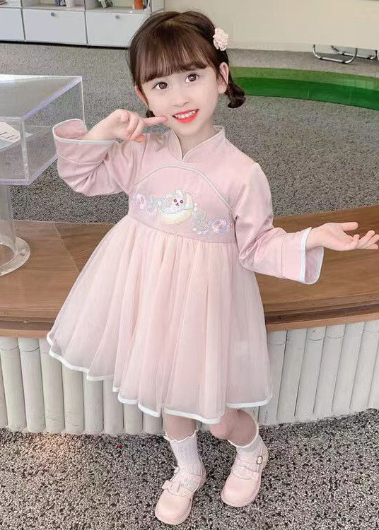 Chinese Style Pink Stand Collar Tulle Patchwork Girls Dresses Long Sleeve XZ018