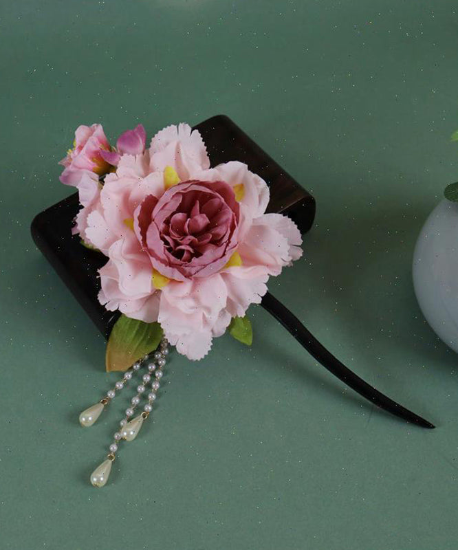 Tassel Wooden Pearl Hairpin Peony Chinese Style Pink