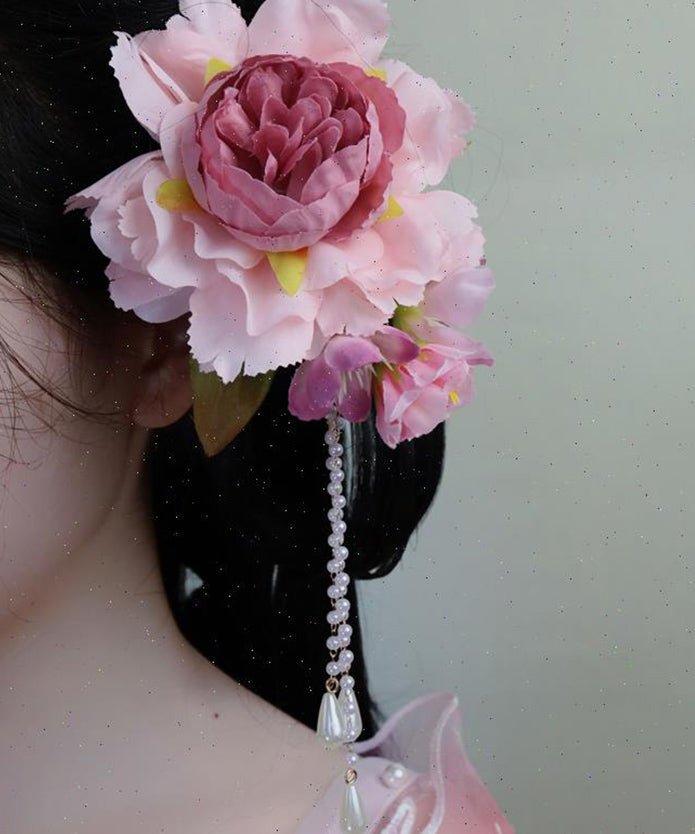 Tassel Wooden Pearl Hairpin Peony Chinese Style Pink