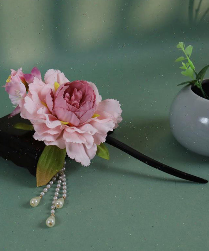 Tassel Wooden Pearl Hairpin Peony Chinese Style Pink