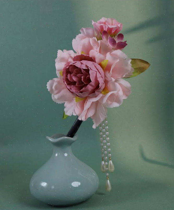 Tassel Wooden Pearl Hairpin Peony Chinese Style Pink