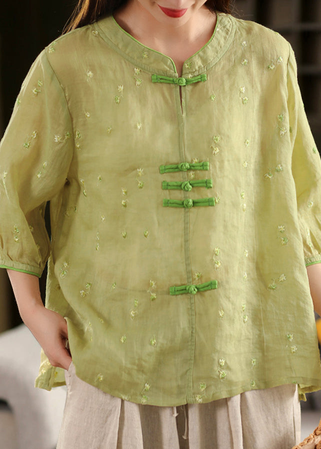 Oriental Summer Chinese Top Linen Embroidered Purple Button Style