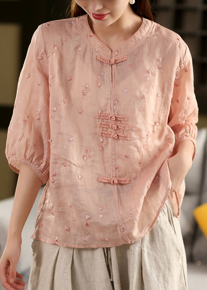 Oriental Summer Chinese Top Linen Embroidered Purple Button Style