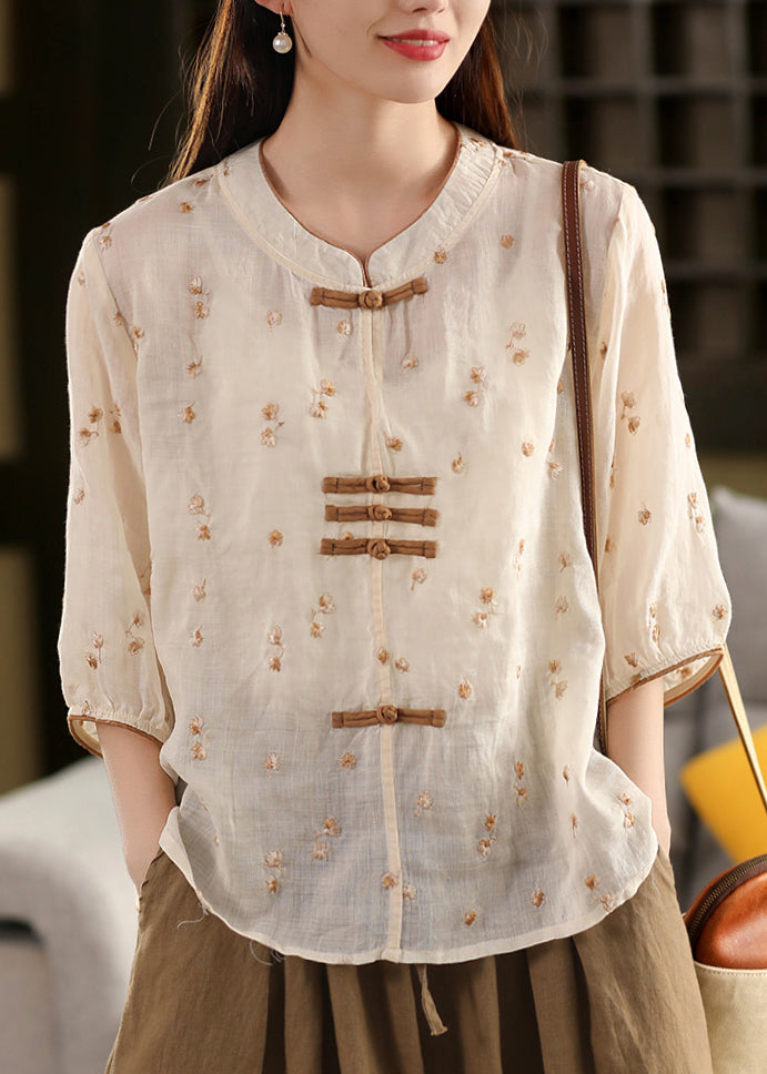 Oriental Summer Chinese Top Linen Embroidered Purple Button Style