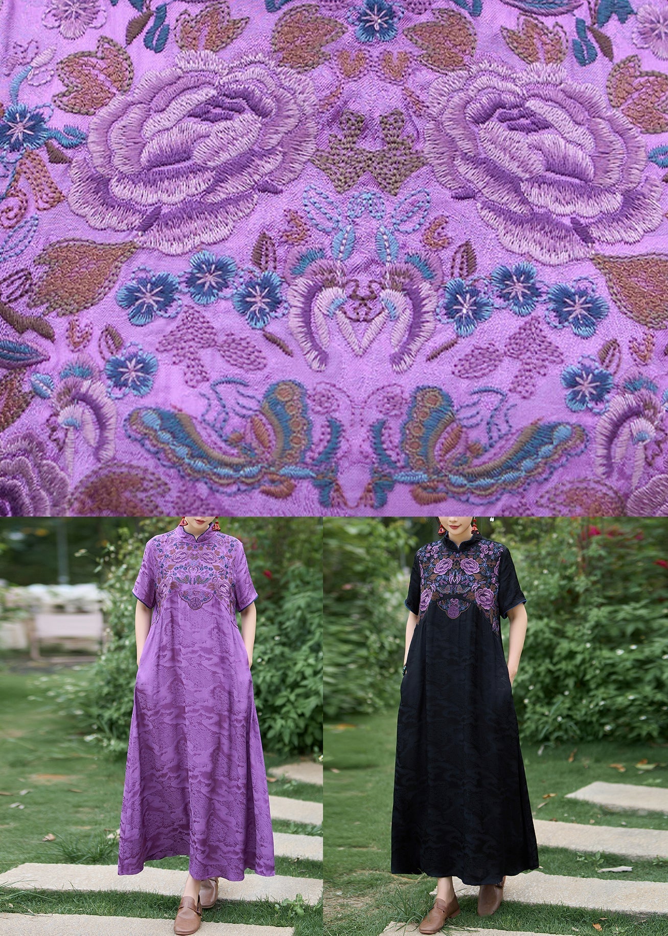 Chinese Style Purple Stand Collar Embroidered Silk Dress Summer WW1016