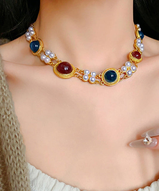 Chinese Style Rainbow Sterling Silver Alloy Pearl Resin Collar Necklace TX034