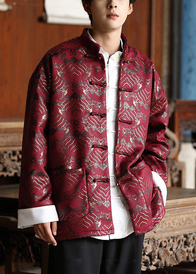 Chinese Style Red Button Pockets Silk Mens Coat Fall WJ030