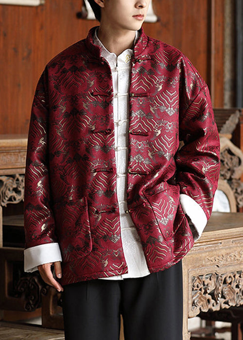 Chinese Style Red Button Pockets Silk Mens Coat Fall WJ030