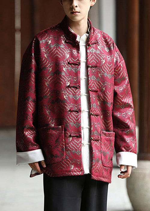 Chinese Style Red Button Pockets Silk Mens Coat Fall WJ030