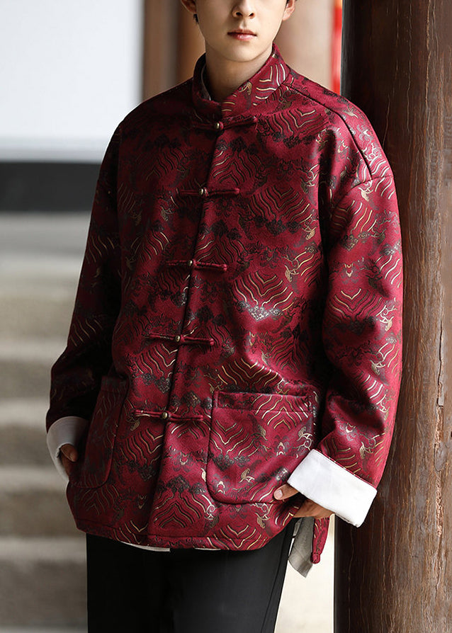 Chinese Style Red Button Pockets Silk Mens Coat Fall WJ030